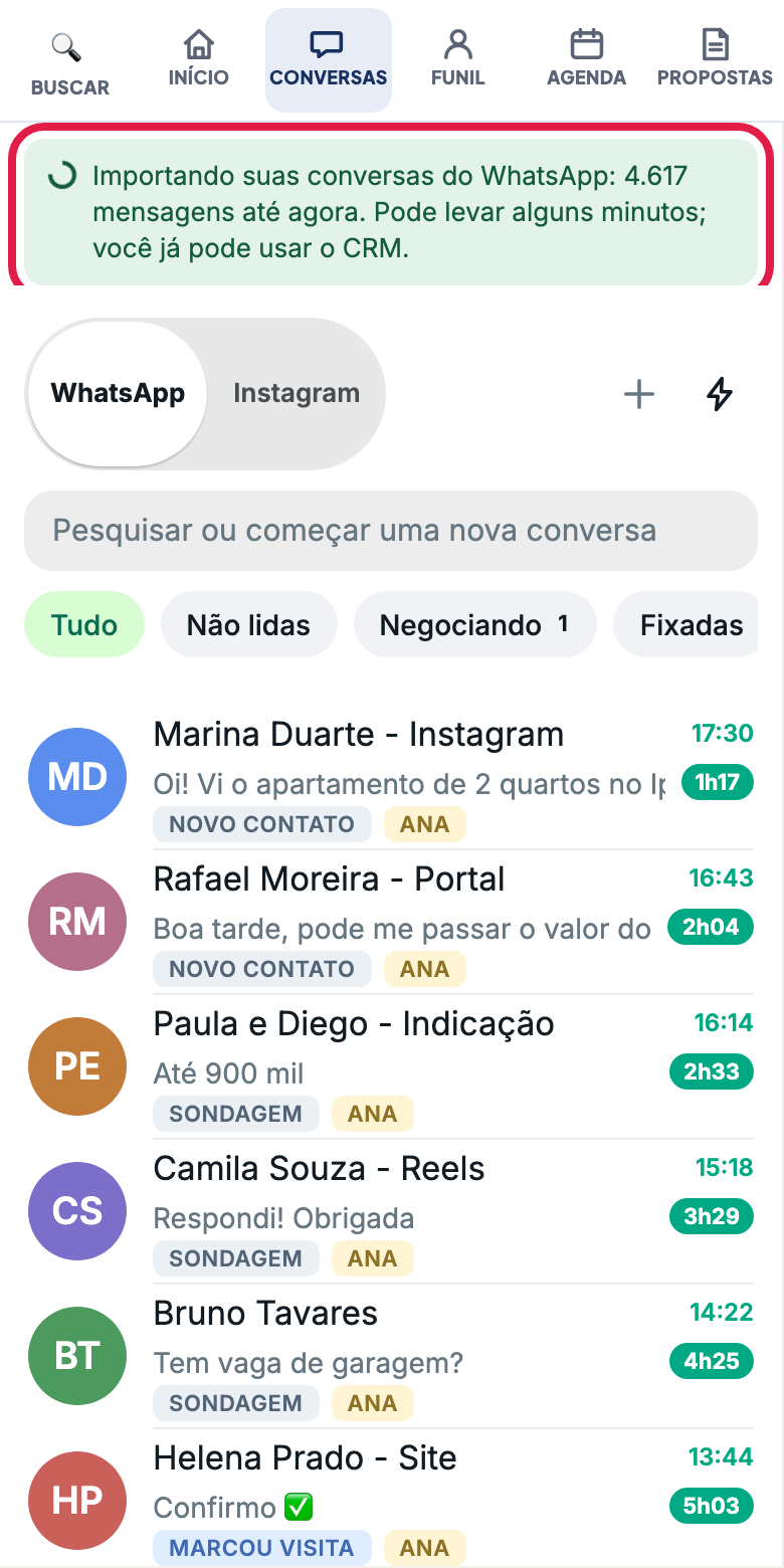 Tela Conversas com o aviso de importação marcado